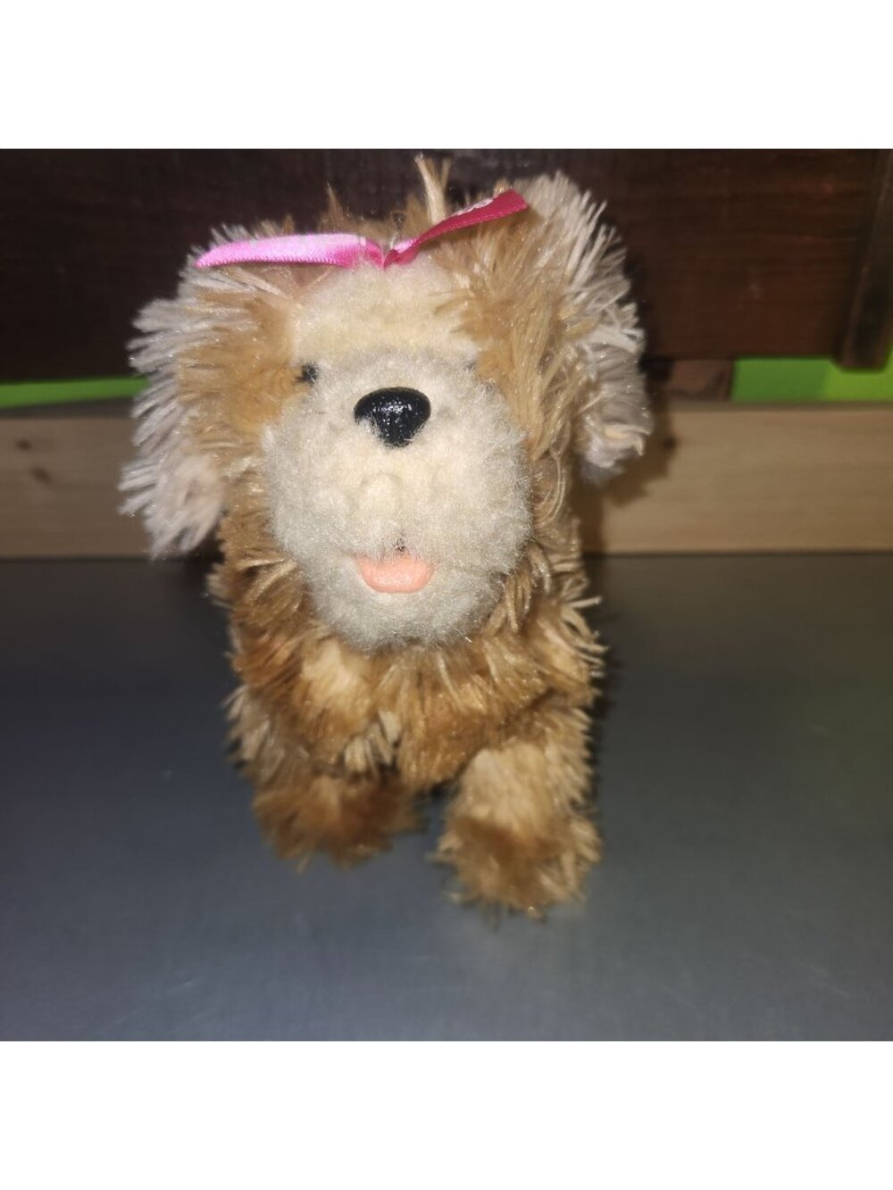 FurReal Friends Brown Fluffy Puppy Plush Toy With Pink Ribbon Soft & Cuddly 6" T